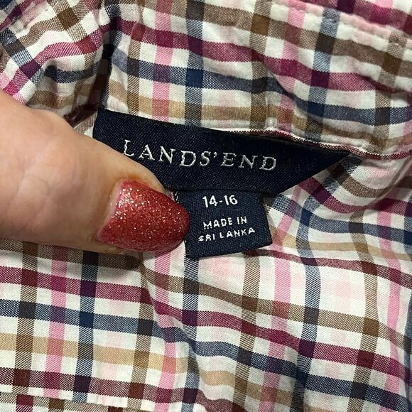 Lands End Girls Pink Blue Plaid Button Front Long Sleeve Shirt Size 14-16 - Picture 2 of 4